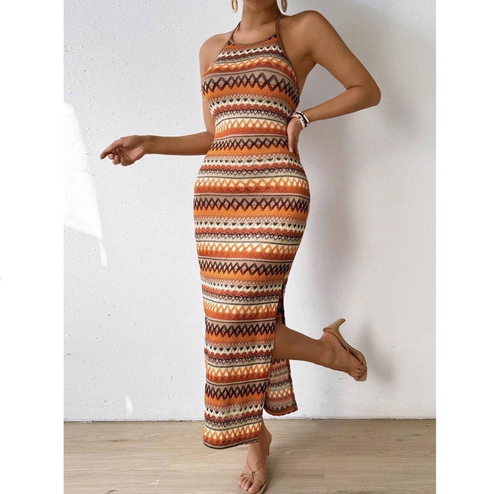 Knit Striped Halter Dress Side Leg Slit Long Ribbed Multicolor Long, Slim